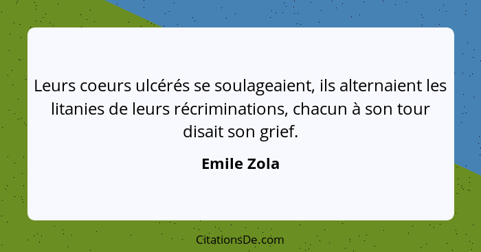 Leurs coeurs ulcérés se soulageaient, ils alternaient les litanies de leurs récriminations, chacun à son tour disait son grief.... - Emile Zola