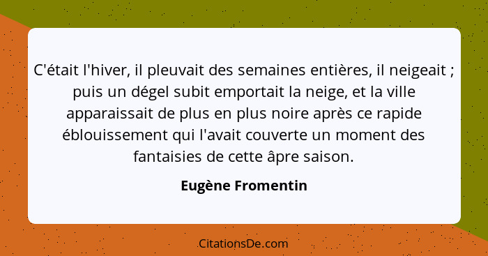 C'était l'hiver, il pleuvait des semaines entières, il neigeait ; puis un dégel subit emportait la neige, et la ville apparais... - Eugène Fromentin