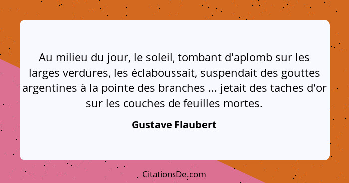 Au milieu du jour, le soleil, tombant d'aplomb sur les larges verdures, les éclaboussait, suspendait des gouttes argentines à la po... - Gustave Flaubert