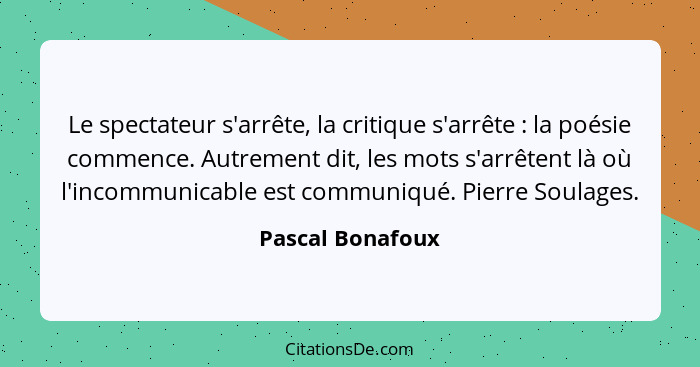 Le spectateur s'arrête, la critique s'arrête : la poésie commence. Autrement dit, les mots s'arrêtent là où l'incommunicable es... - Pascal Bonafoux