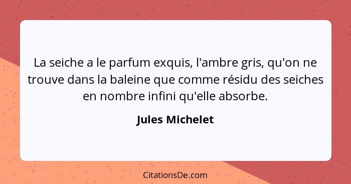 La seiche a le parfum exquis, l'ambre gris, qu'on ne trouve dans la baleine que comme résidu des seiches en nombre infini qu'elle abs... - Jules Michelet