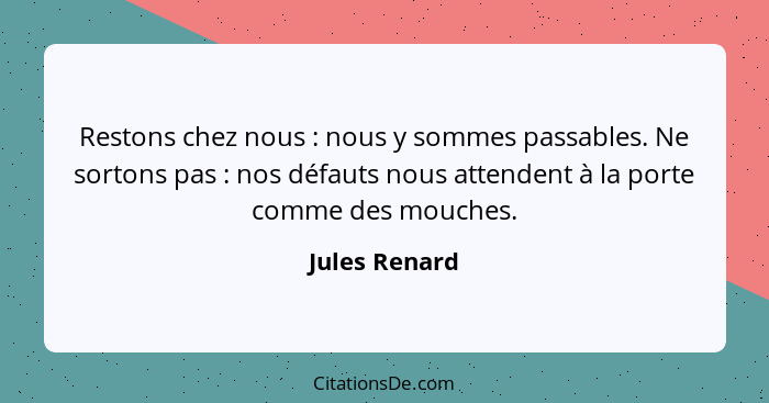 Restons chez nous : nous y sommes passables. Ne sortons pas : nos défauts nous attendent à la porte comme des mouches.... - Jules Renard