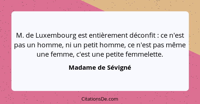 M. de Luxembourg est entièrement déconfit : ce n'est pas un homme, ni un petit homme, ce n'est pas même une femme, c'est une... - Madame de Sévigné