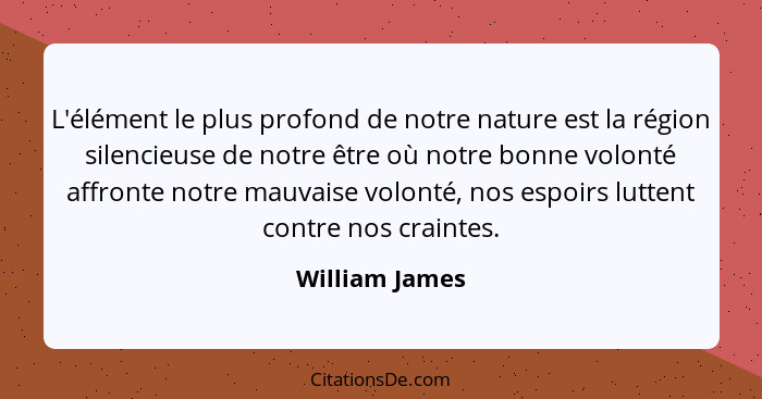 L'élément le plus profond de notre nature est la région silencieuse de notre être où notre bonne volonté affronte notre mauvaise volon... - William James