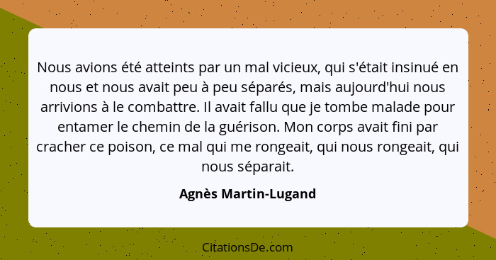 Nous avions été atteints par un mal vicieux, qui s'était insinué en nous et nous avait peu à peu séparés, mais aujourd'hui nous... - Agnès Martin-Lugand