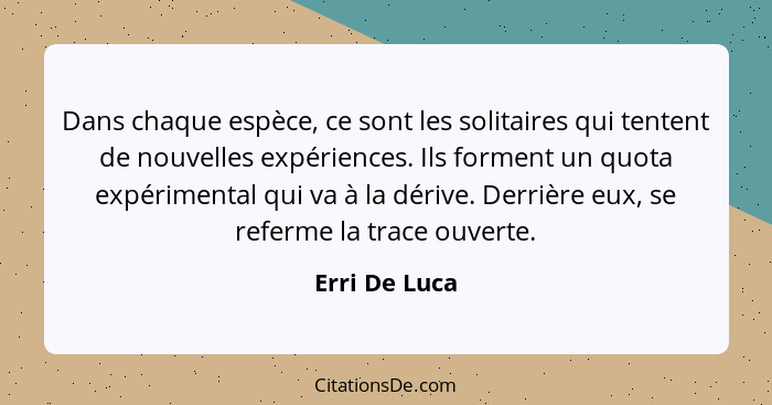 Dans chaque espèce, ce sont les solitaires qui tentent de nouvelles expériences. Ils forment un quota expérimental qui va à la dérive.... - Erri De Luca