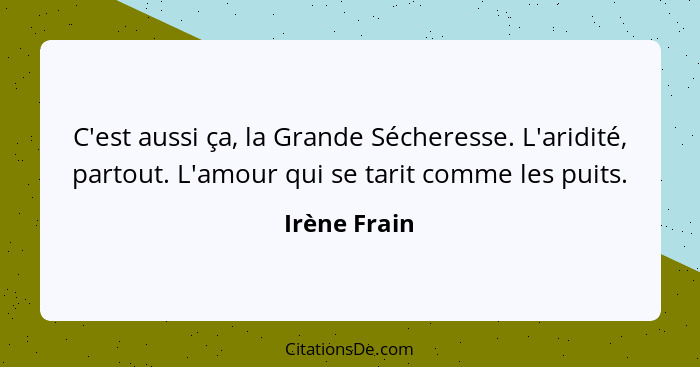 C'est aussi ça, la Grande Sécheresse. L'aridité, partout. L'amour qui se tarit comme les puits.... - Irène Frain