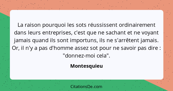 La raison pourquoi les sots réussissent ordinairement dans leurs entreprises, c'est que ne sachant et ne voyant jamais quand ils sont im... - Montesquieu