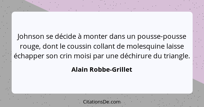 Johnson se décide à monter dans un pousse-pousse rouge, dont le coussin collant de molesquine laisse échapper son crin moisi par... - Alain Robbe-Grillet