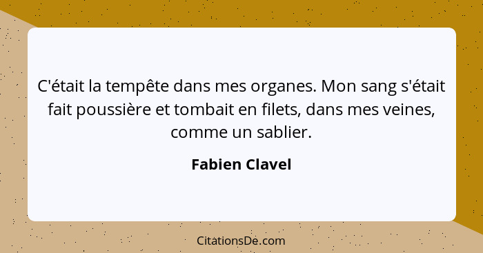 C'était la tempête dans mes organes. Mon sang s'était fait poussière et tombait en filets, dans mes veines, comme un sablier.... - Fabien Clavel