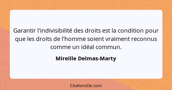 Garantir l'indivisibilité des droits est la condition pour que les droits de l'homme soient vraiment reconnus comme un idéal c... - Mireille Delmas-Marty