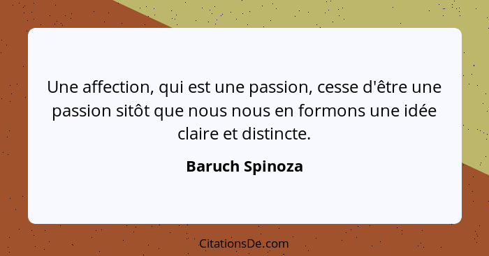 Une affection, qui est une passion, cesse d'être une passion sitôt que nous nous en formons une idée claire et distincte.... - Baruch Spinoza