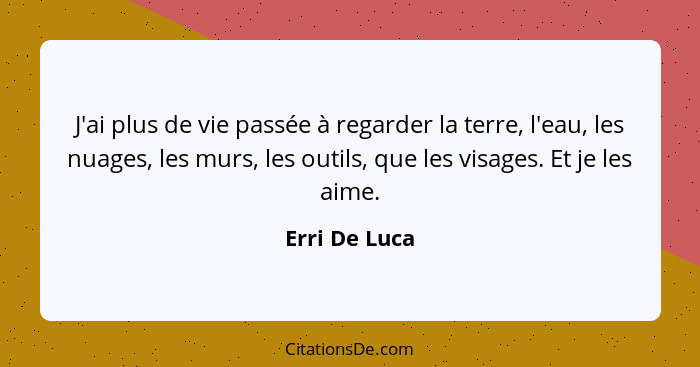 J'ai plus de vie passée à regarder la terre, l'eau, les nuages, les murs, les outils, que les visages. Et je les aime.... - Erri De Luca