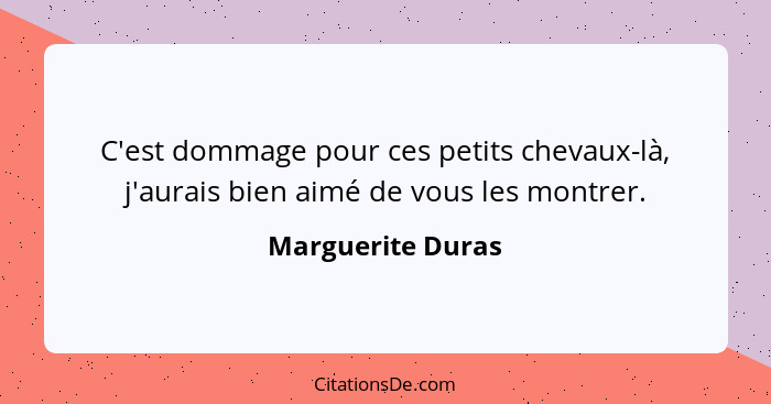 C'est dommage pour ces petits chevaux-là, j'aurais bien aimé de vous les montrer.... - Marguerite Duras