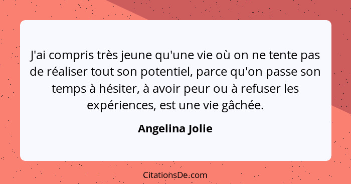 J'ai compris très jeune qu'une vie où on ne tente pas de réaliser tout son potentiel, parce qu'on passe son temps à hésiter, à avoir... - Angelina Jolie