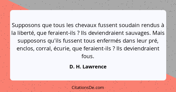 Supposons que tous les chevaux fussent soudain rendus à la liberté, que feraient-ils ? Ils deviendraient sauvages. Mais supposon... - D. H. Lawrence