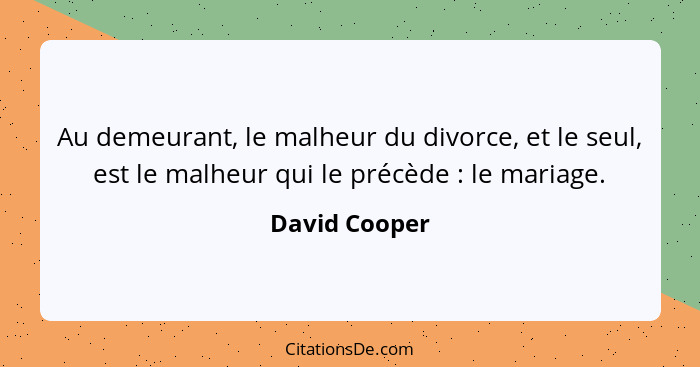 Au demeurant, le malheur du divorce, et le seul, est le malheur qui le précède : le mariage.... - David Cooper