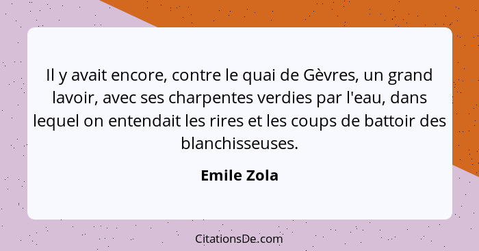 Il y avait encore, contre le quai de Gèvres, un grand lavoir, avec ses charpentes verdies par l'eau, dans lequel on entendait les rires e... - Emile Zola