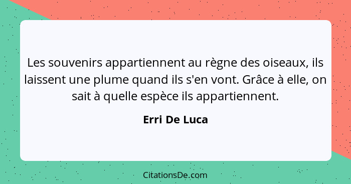 Les souvenirs appartiennent au règne des oiseaux, ils laissent une plume quand ils s'en vont. Grâce à elle, on sait à quelle espèce ils... - Erri De Luca