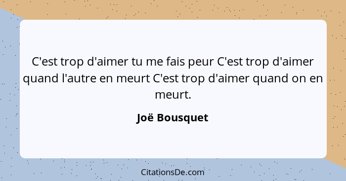 C'est trop d'aimer tu me fais peur C'est trop d'aimer quand l'autre en meurt C'est trop d'aimer quand on en meurt.... - Joë Bousquet