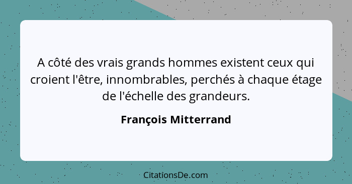 A côté des vrais grands hommes existent ceux qui croient l'être, innombrables, perchés à chaque étage de l'échelle des grandeurs... - François Mitterrand