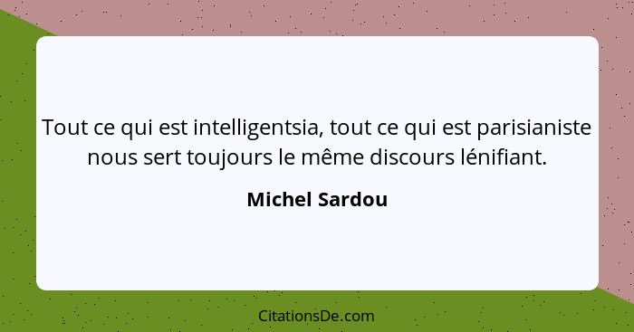 Tout ce qui est intelligentsia, tout ce qui est parisianiste nous sert toujours le même discours lénifiant.... - Michel Sardou