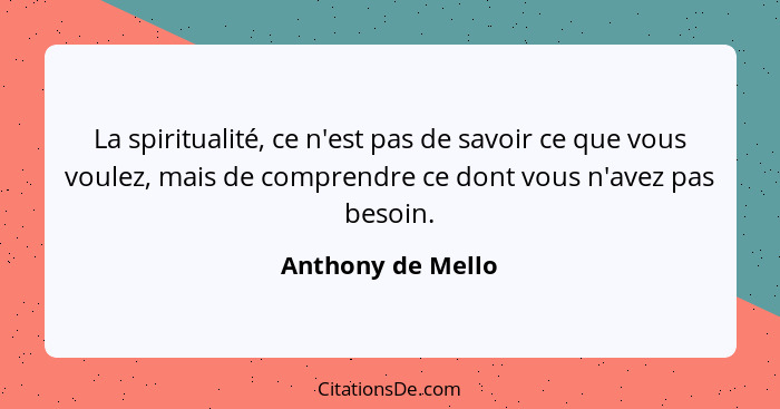 La spiritualité, ce n'est pas de savoir ce que vous voulez, mais de comprendre ce dont vous n'avez pas besoin.... - Anthony de Mello