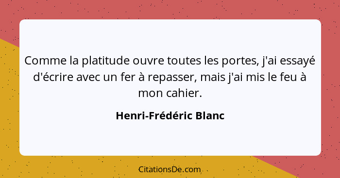 Comme la platitude ouvre toutes les portes, j'ai essayé d'écrire avec un fer à repasser, mais j'ai mis le feu à mon cahier.... - Henri-Frédéric Blanc