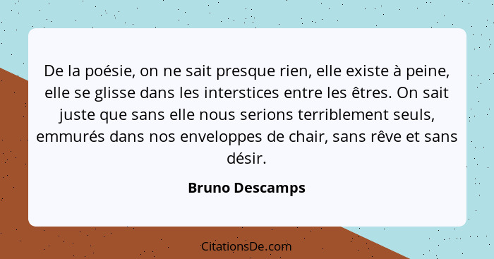 De la poésie, on ne sait presque rien, elle existe à peine, elle se glisse dans les interstices entre les êtres. On sait juste que sa... - Bruno Descamps