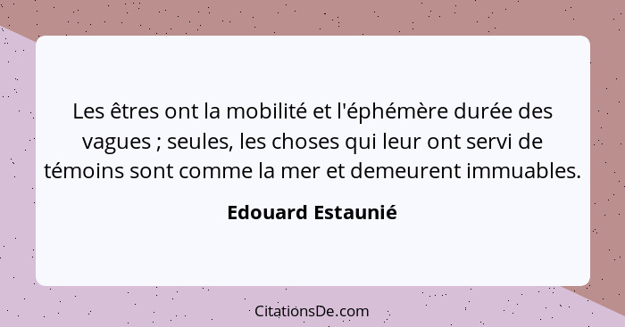 Les êtres ont la mobilité et l'éphémère durée des vagues ; seules, les choses qui leur ont servi de témoins sont comme la mer... - Edouard Estaunié