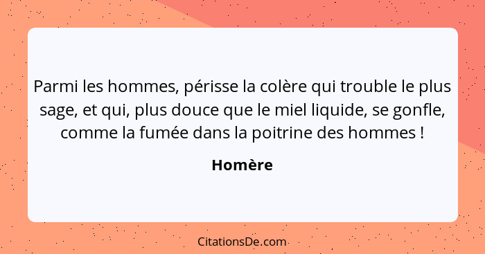 Parmi les hommes, périsse la colère qui trouble le plus sage, et qui, plus douce que le miel liquide, se gonfle, comme la fumée dans la poitr... - Homère