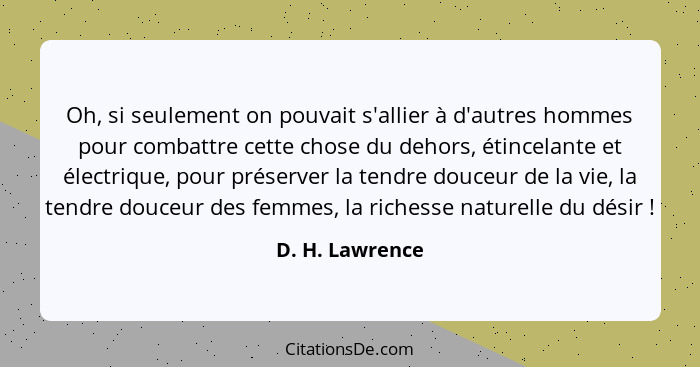 Oh, si seulement on pouvait s'allier à d'autres hommes pour combattre cette chose du dehors, étincelante et électrique, pour préserve... - D. H. Lawrence