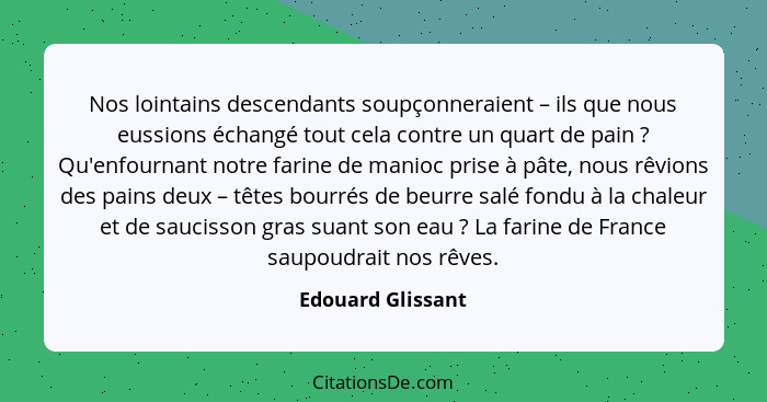 Nos lointains descendants soupçonneraient – ils que nous eussions échangé tout cela contre un quart de pain ? Qu'enfournant no... - Edouard Glissant