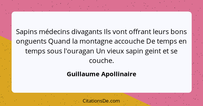 Sapins médecins divagants Ils vont offrant leurs bons onguents Quand la montagne accouche De temps en temps sous l'ouragan Un... - Guillaume Apollinaire