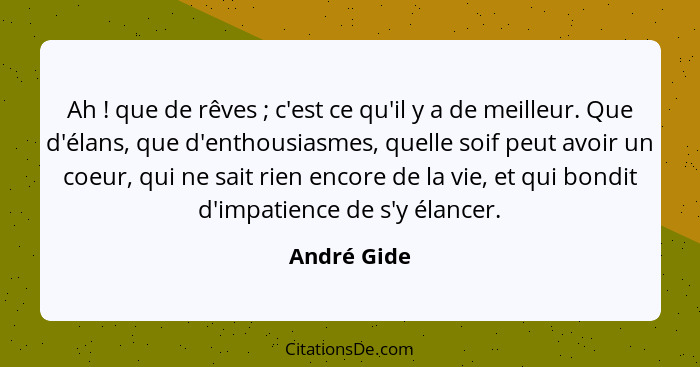 Ah ! que de rêves ; c'est ce qu'il y a de meilleur. Que d'élans, que d'enthousiasmes, quelle soif peut avoir un coeur, qui ne s... - André Gide