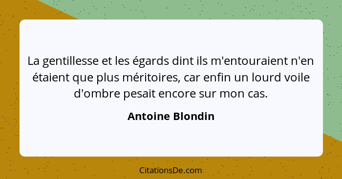 La gentillesse et les égards dint ils m'entouraient n'en étaient que plus méritoires, car enfin un lourd voile d'ombre pesait encore... - Antoine Blondin