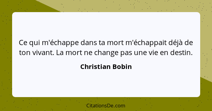 Ce qui m'échappe dans ta mort m'échappait déjà de ton vivant. La mort ne change pas une vie en destin.... - Christian Bobin