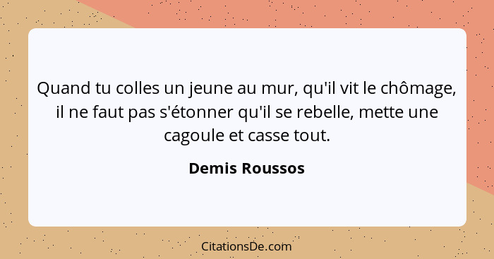 Quand tu colles un jeune au mur, qu'il vit le chômage, il ne faut pas s'étonner qu'il se rebelle, mette une cagoule et casse tout.... - Demis Roussos