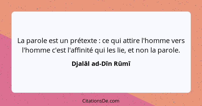 La parole est un prétexte : ce qui attire l'homme vers l'homme c'est l'affinité qui les lie, et non la parole.... - Djalâl ad-Dîn Rûmî