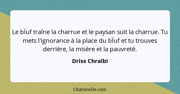 Le bÏuf traîne la charrue et le paysan suit la charrue. Tu mets l'ignorance à la place du bÏuf et tu trouves derrière, la misère et la... - Driss Chraïbi