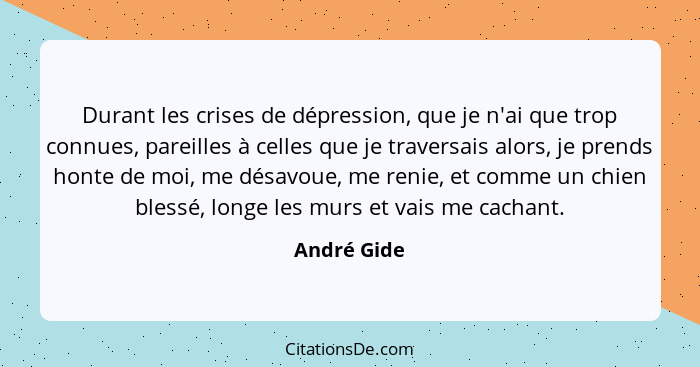 Durant les crises de dépression, que je n'ai que trop connues, pareilles à celles que je traversais alors, je prends honte de moi, me dés... - André Gide