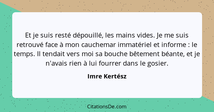 Et je suis resté dépouillé, les mains vides. Je me suis retrouvé face à mon cauchemar immatériel et informe : le temps. Il tendait... - Imre Kertész