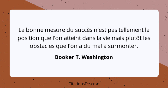 La bonne mesure du succès n'est pas tellement la position que l'on atteint dans la vie mais plutôt les obstacles que l'on a du... - Booker T. Washington