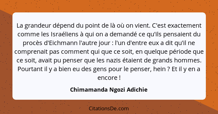 La grandeur dépend du point de là où on vient. C'est exactement comme les Israéliens à qui on a demandé ce qu'ils pensaient... - Chimamanda Ngozi Adichie