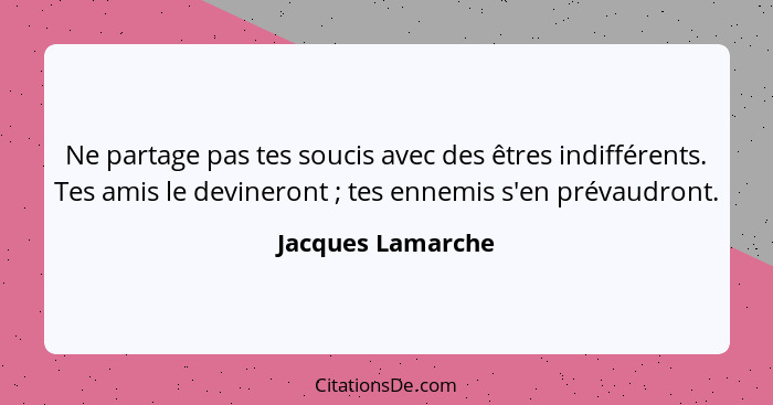 Ne partage pas tes soucis avec des êtres indifférents. Tes amis le devineront ; tes ennemis s'en prévaudront.... - Jacques Lamarche