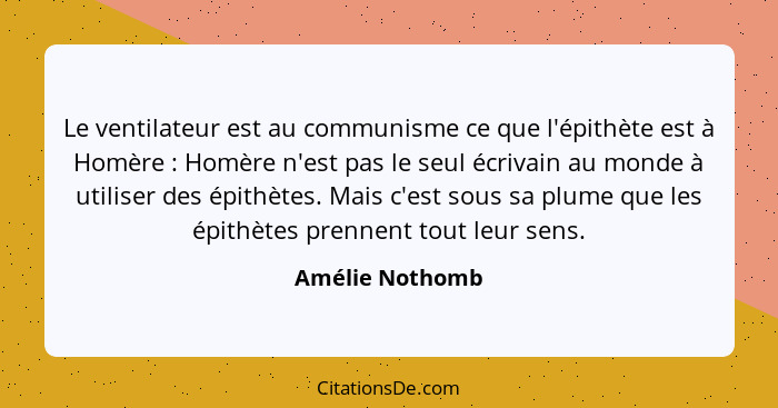 Le ventilateur est au communisme ce que l'épithète est à Homère : Homère n'est pas le seul écrivain au monde à utiliser des épit... - Amélie Nothomb