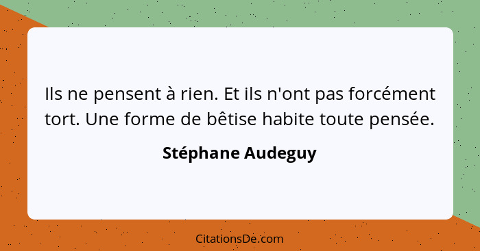 Ils ne pensent à rien. Et ils n'ont pas forcément tort. Une forme de bêtise habite toute pensée.... - Stéphane Audeguy