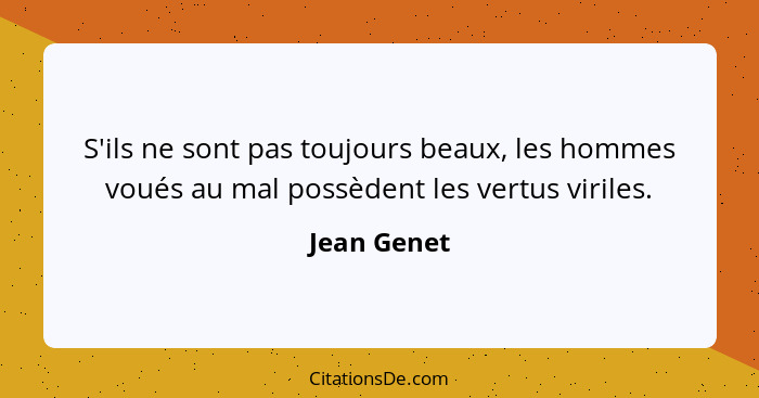 S'ils ne sont pas toujours beaux, les hommes voués au mal possèdent les vertus viriles.... - Jean Genet