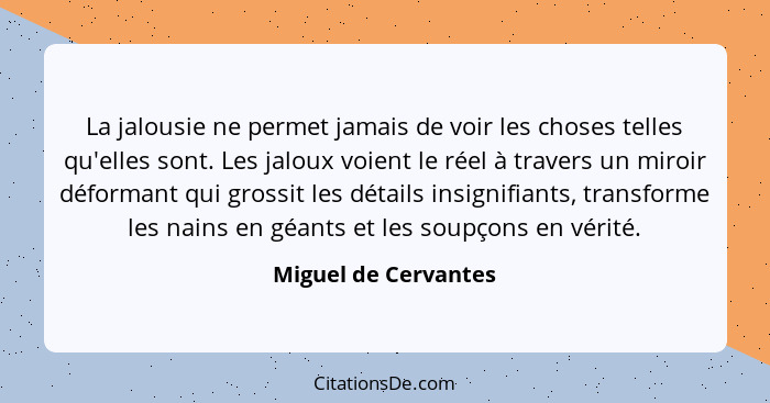 La jalousie ne permet jamais de voir les choses telles qu'elles sont. Les jaloux voient le réel à travers un miroir déformant qu... - Miguel de Cervantes