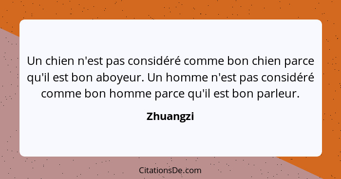 Un chien n'est pas considéré comme bon chien parce qu'il est bon aboyeur. Un homme n'est pas considéré comme bon homme parce qu'il est bon... - Zhuangzi